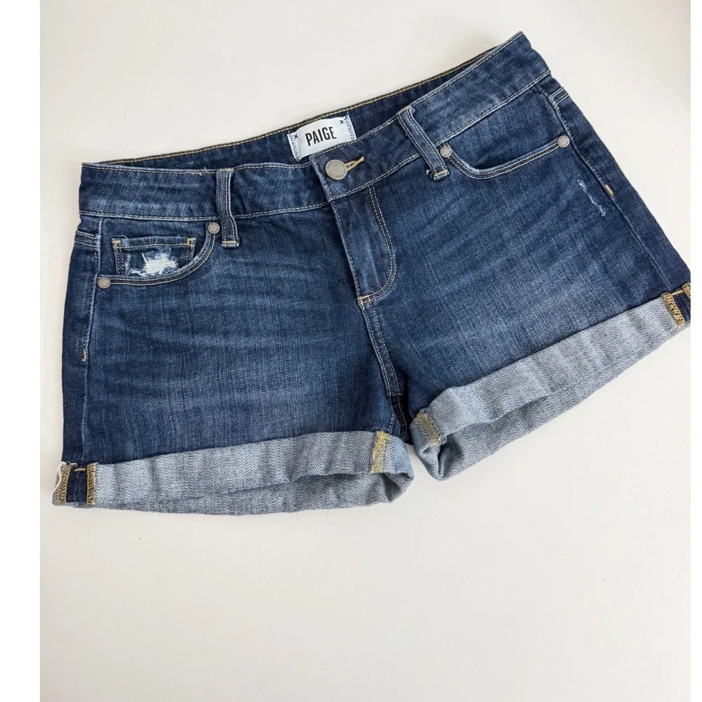 Paige Jimmy Jimmy Denim Shorts Dark Wash Cuffed Distressed Size 26